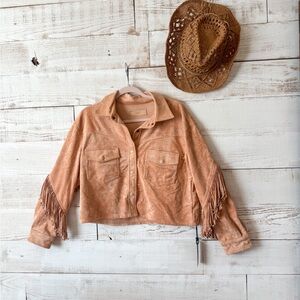 Blank NYC Suede Fringe Utility Jacket in Tan